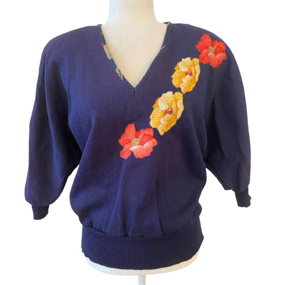 Floral Embroidered Women's Sweater - Navy - Picture 1 of 6